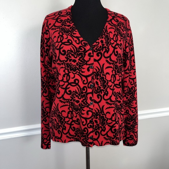 Sag Harbor Sweaters - Sag Harbor Red Black Paisley Cardigan Sweater Size Large‎